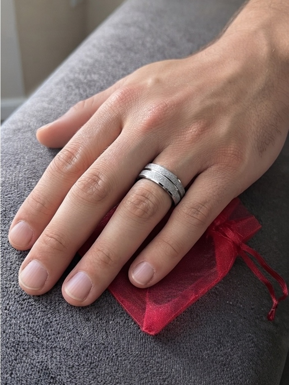 Men's Silver Textured Wedding Band Set - Silver